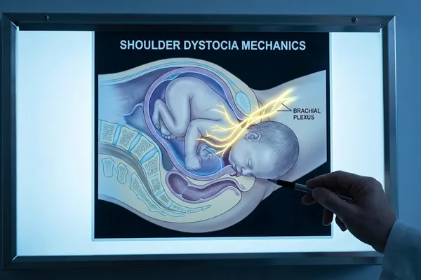 Medical illustration of Shoulder Dystocia and Brachial Plexus injury during childbirth.