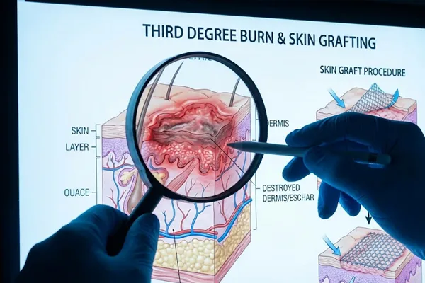 Medical illustration of third-degree burns and skin graft procedures used in injury litigation.