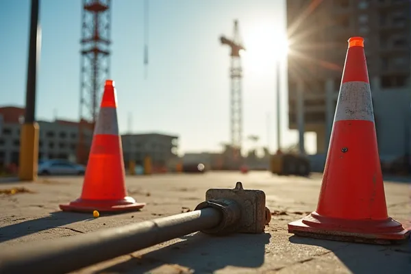 Broken construction safety equipment on a San Diego job site with a blurred crane in the background for legal evidence.