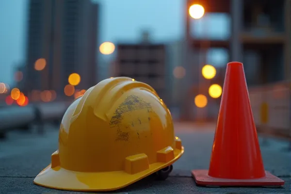 High-detail view of a scuffed hard hat and safety harness at a San Diego construction project illustrating workplace injury risks.