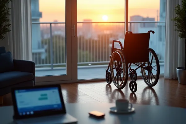 A wheelchair near a window at sun set in San Diego.