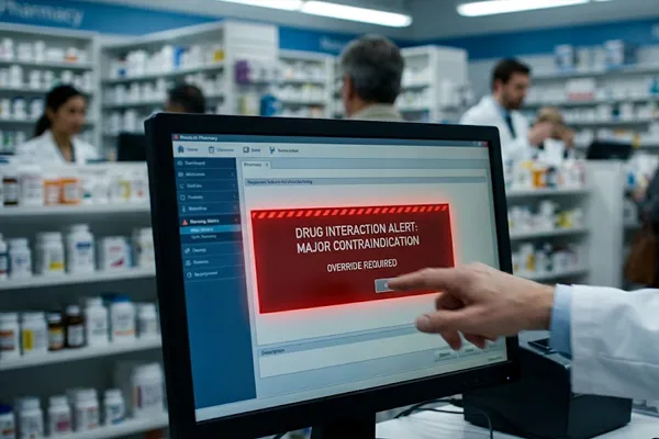 Pharmacist overriding a critical drug interaction warning leading to patient injury.