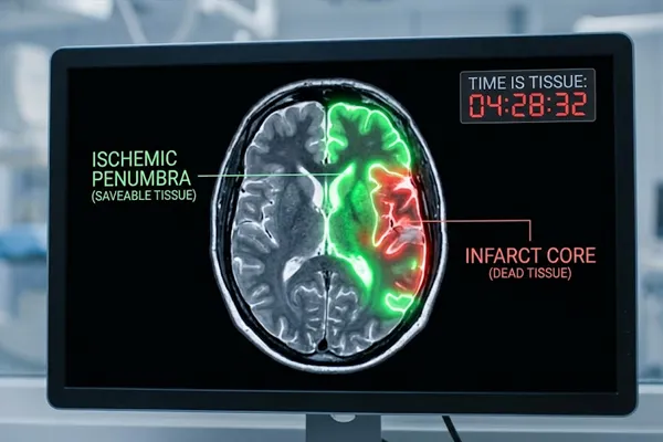 Brain MRI perfusion scan illustrating the (Time is Tissue) concept in stroke misdiagnosis cases.
