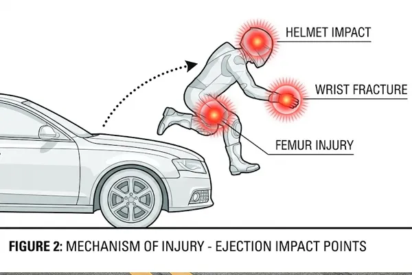 Biomechanical analysis of rider trajectory in a left-turn broadside collision.