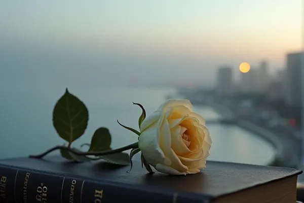 A rose sitting on a bible near the harbor in San Diego.