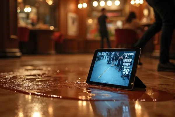 A tablet is next to a spill that is unmarked at a San Diego restaurant at the San Diego airport.