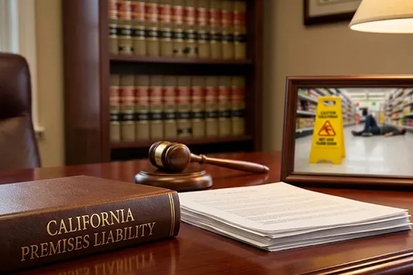 San Diego slip and fall lawyer's desk with evidence and legal resources for a premises liability claims.