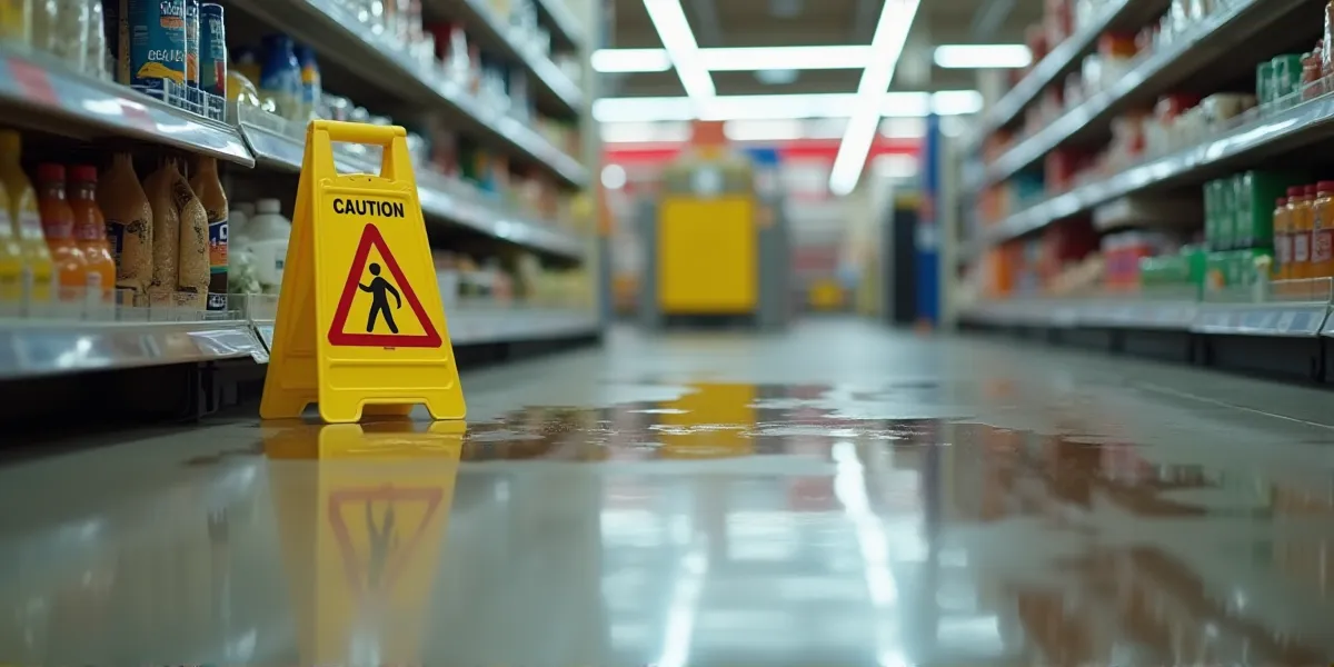Wet floor spill in a San Diego grocery store creating a slip and fall hazard.