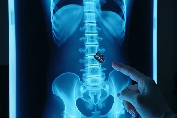 X-ray evidence of a retained surgical instrument (sponge or clamp) left inside a patient.