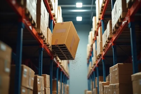 Falling object injury risk from improperly stacked high-bay warehouse shelving.