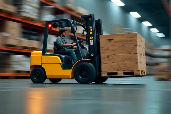 Forklift accident caused by unsafe speed and unstable load in a warehouse setting.