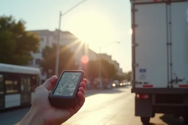 A Man holding a damaged package delivery device after van was damaged in an accident in San Diego.