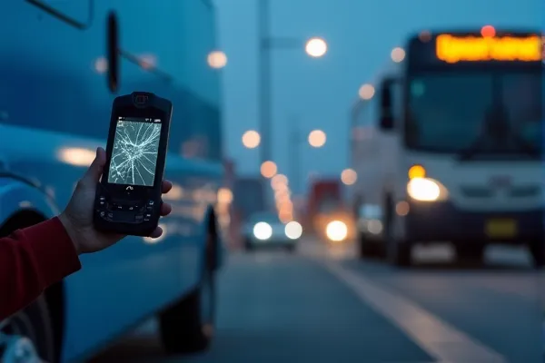 A damaged cellphone in view after a severe moving van accident in San Diego.