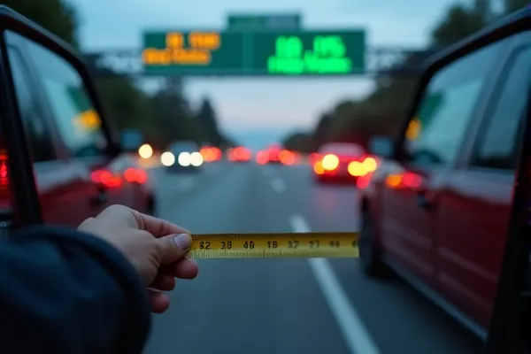 A person is measuring the distance between two cars for determining legality of lane splitting.