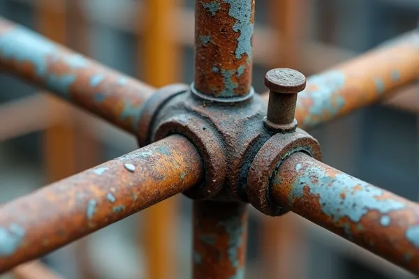 Close-up of a defective scaffolding joint with missing safety pins, a common cause of construction falls.