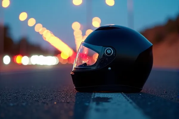 Motorcycle safety gear and damaged bike details on a San Diego street with dusk lighting