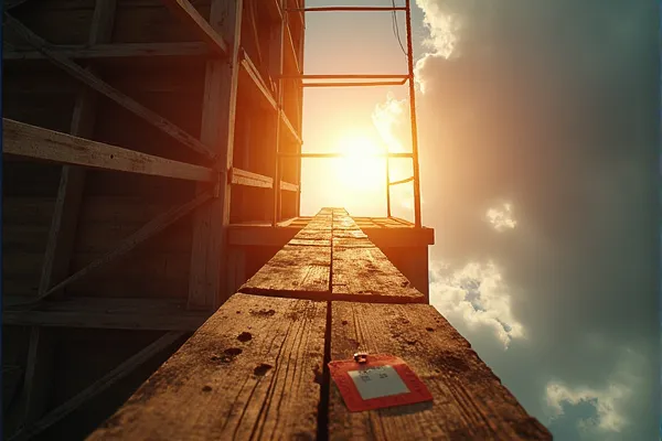 Dangerous multi-level scaffolding with loose planking and safety warning tags.