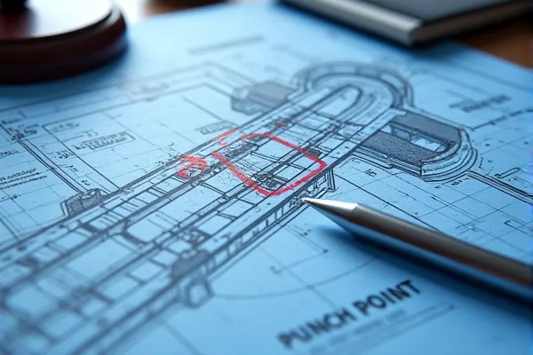 Engineering blueprints identifying a pinch point hazard and design defect in industrial machinery.