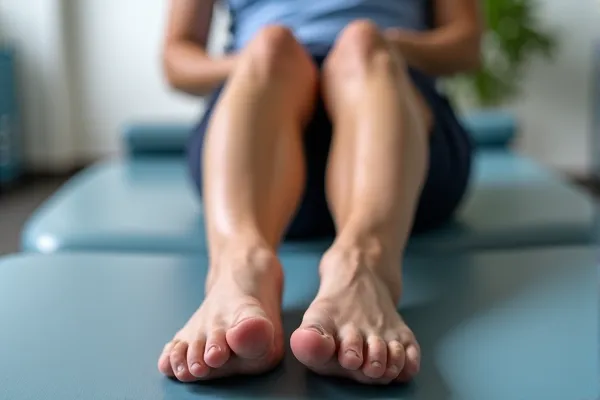 Muscle atrophy and surgical scars on a leg after a severe bone fracture recovery.