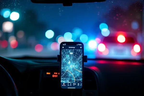 Lyft accident with damage on the cellphone indicating impact with a dirty windshield