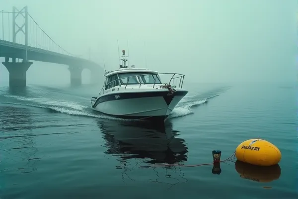 Maritime navigation scene near San Diego Bay with channel markers and textured water in the fog, editorial legal process feel