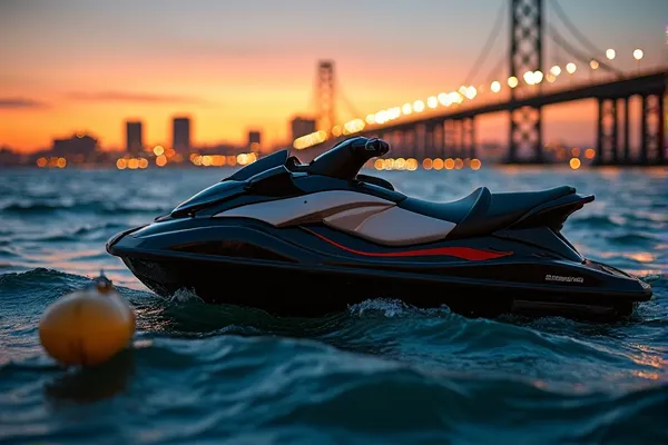 San Diego harbor channel scene with water wake lines and anchored jet ski, editorial maritime setting