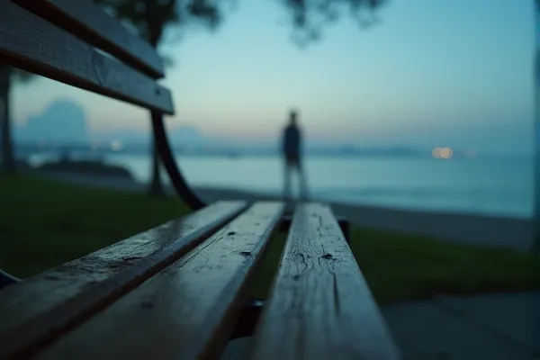 A lonely man standing over looking mission bay with a park bench seen low in the foreground.
