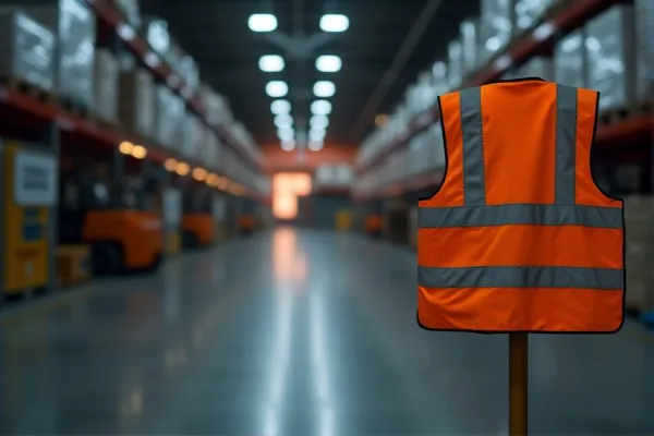 A safety vest not being worn in a warehouse.