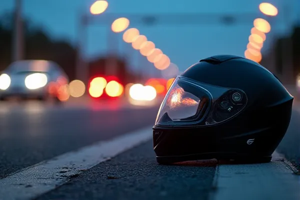 San Diego freeway lanes with motion blur traffic and an editorial motorcycle helmet presenceon the ground.