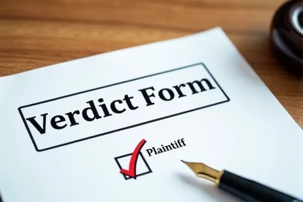 A completed jury verdict form indicating a win for the plaintiff in a personal injury case.