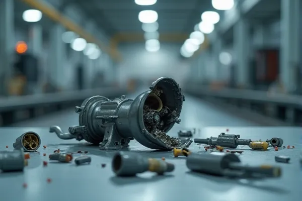 Close-up of fractured product component on inspection table representing manufacturing defect evidence.