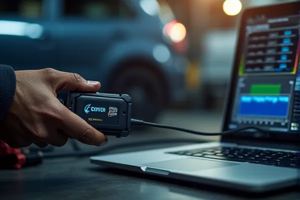 Forensic engineer downloading data from a vehicle's Event Data Recorder (Black Box) to prove speed and braking.