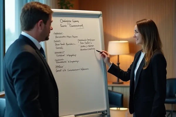 Lawyer preparing a client for deposition testimony using a whiteboard strategy session.