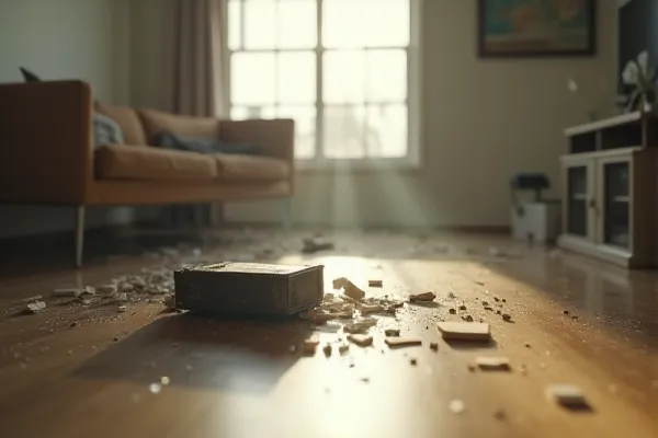 Living room interior showing damaged consumer product with cracked casing and debris after a household product malfunction.