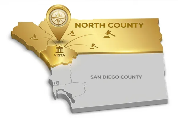 Map of San Diego North County highlighting the jurisdiction of the Vista Courthouse.